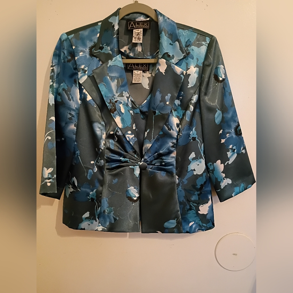 Alex Evening Women's Blue‎ 3/4 Sleeve Floral Jacket With Tank Top Sz MP